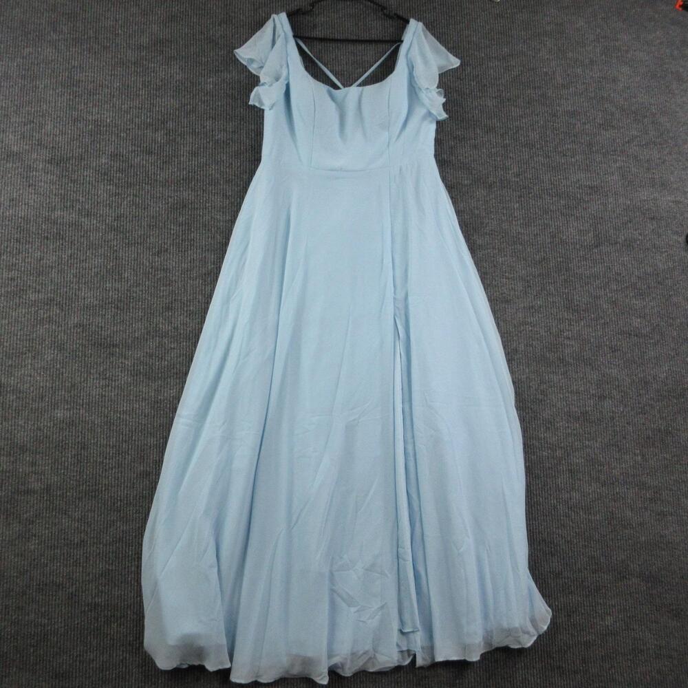 Azazie Dress Womens 14 Sky Blue Bondi Maxi Fit & Flare Chiffon Ruffle NWT